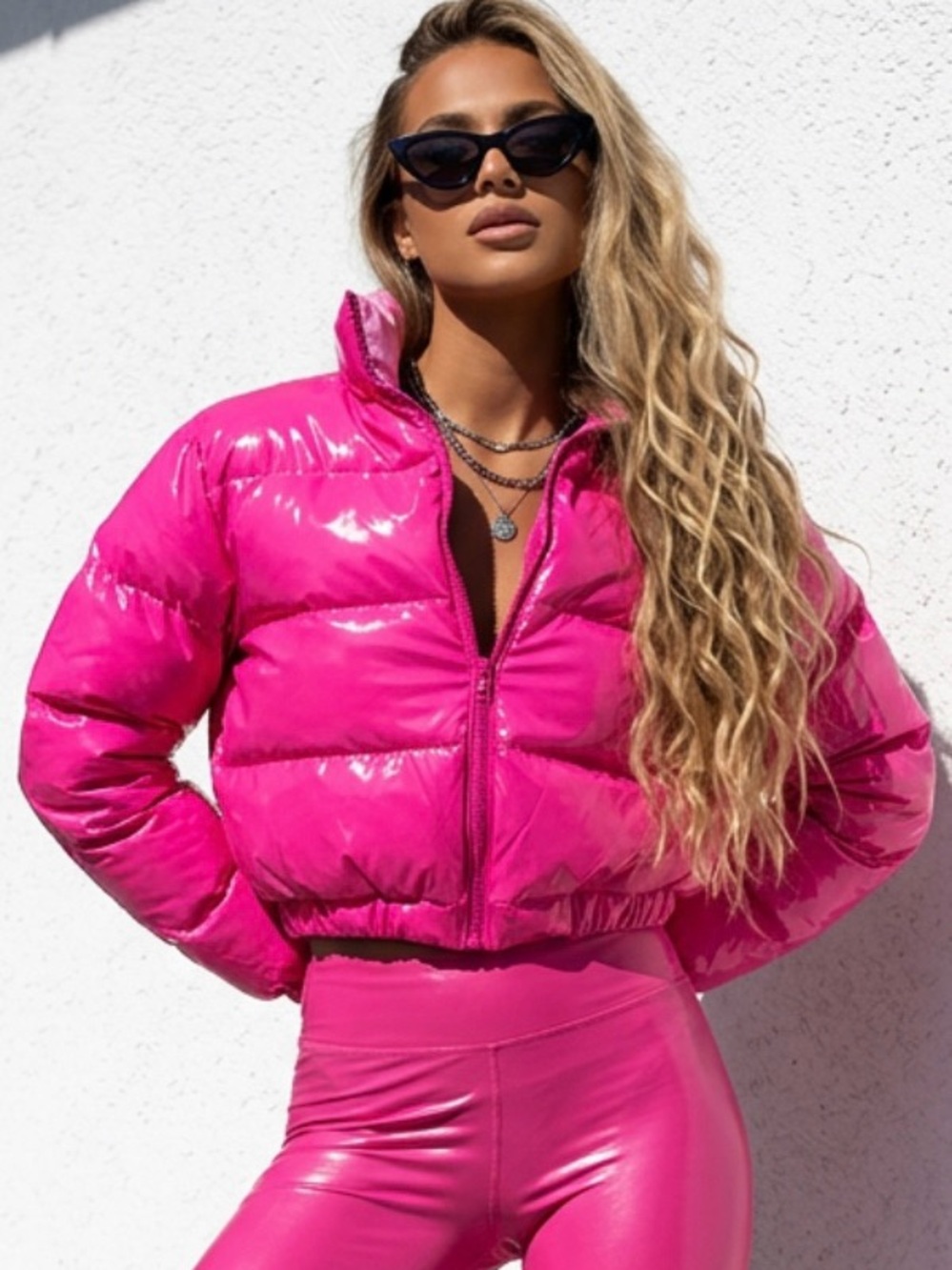 Cropped Shiny Puffer Jacket - Hot Pink custom-made